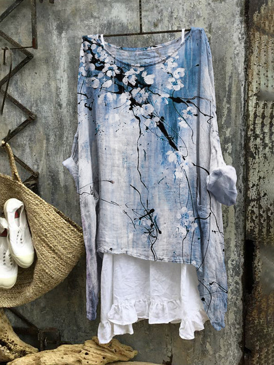 Comstylish Vintage Ink Flower Print Linen Blend Tunic