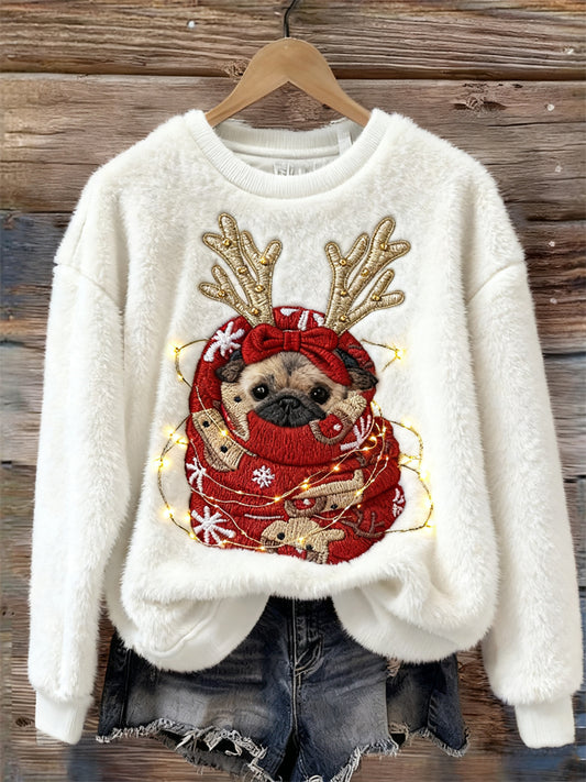 Comstylish Christmas Pug Dog In Blanket Cozy Plush Sweatshirt