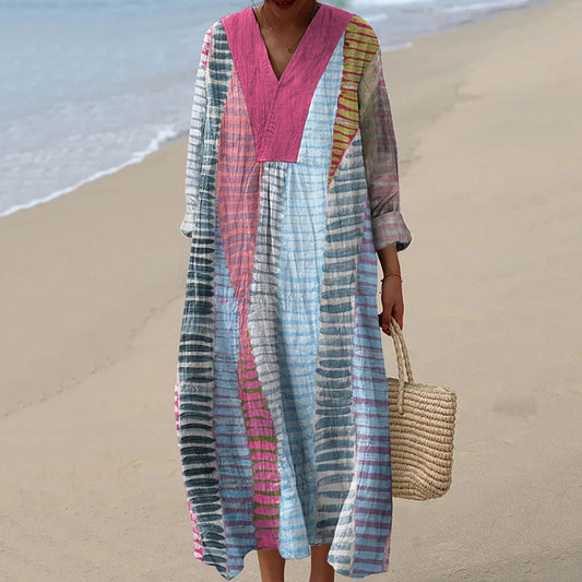 Vintage Color Block Line Art  Pattern Casual Maxi Dress artswardrobe