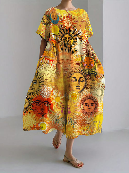 Litha Midsummer Sun Boho Art Linen Maxi Dress artswardrobe