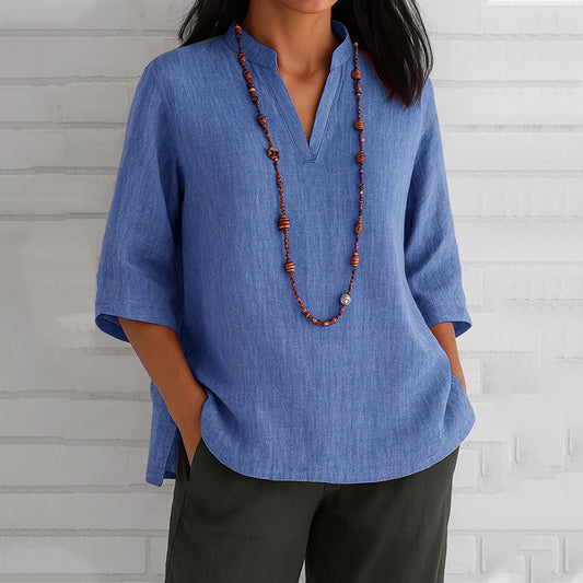 Comstylish Vintage Solid Color V-neck Linen Blend Shirt