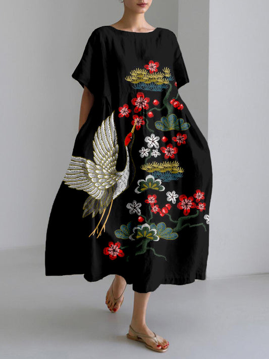 Comstylish Japanese Cranes with Flowers Embroidered Maxi Dress