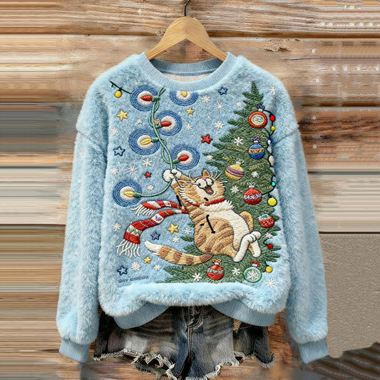 Women's Christmas Cat Embroidery Art Comfort Plush Sweatshirt elevenforest