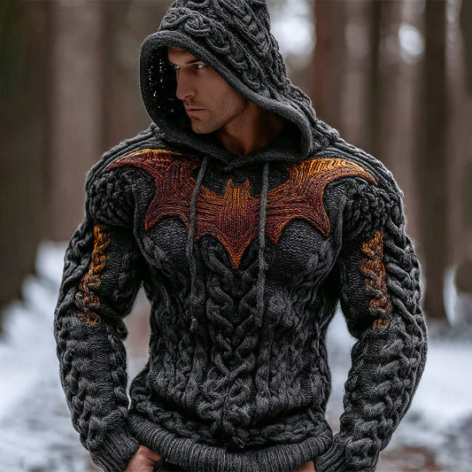 Halloween Gold Bat Art Men's Chunky Knit Hooded Sweater elevenforest