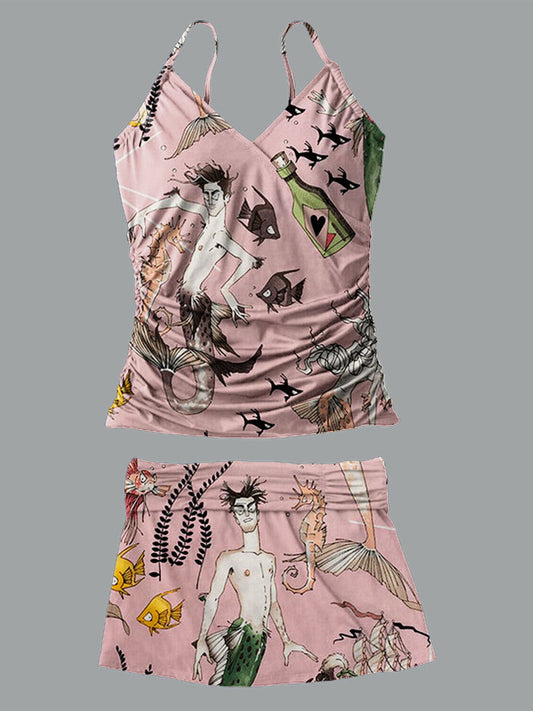 V-Neck Vintage Mermaid Print Suspender Skirt Tankini Pantskirt Set Swimsuit