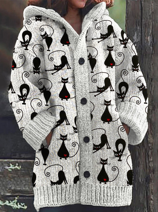 Art Black Cats Women's Cozy Sweater Hooded Cardigan elevenforest