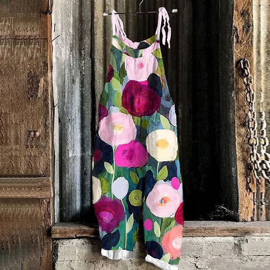 Vintage Summer Floral Art Linen Blend Loose Casual Jumpsuit artswardrobe