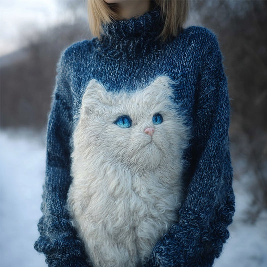 Comstylish Pretty White Cat Embroidered Cozy Turtleneck Sweater
