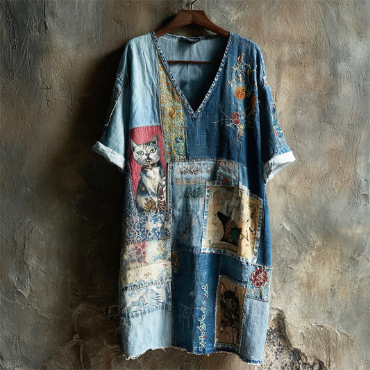 Comstylish Worn Patchwork Cowboy Cats Women's Short Sleeve V-neck Dress