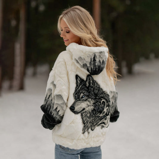 Comstylish Women's Viking Wolf Art Knit Cozy Flannel Hooded