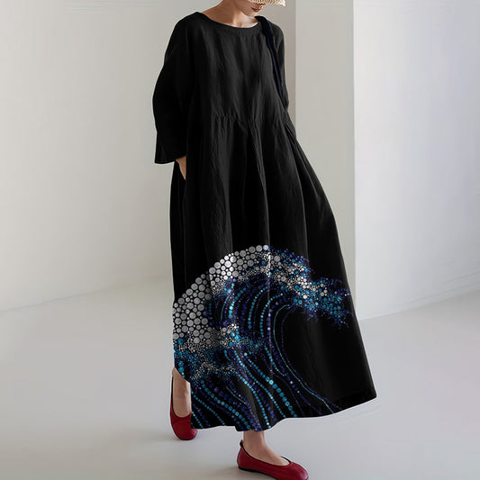 Comstylish Women Japanese Art Sea Linen Blend Maxi Dress