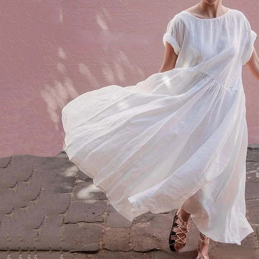 Vintage Solid Color Cotton Linen Short Sleeve Comfy Maxi Dress artswardrobe