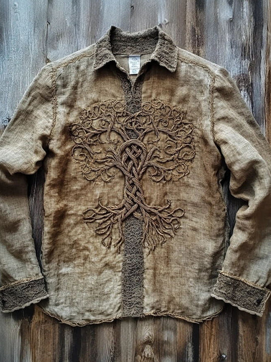 Viking Inspired Tree Of Life Embroidered Linen Vintage Shirt artswardrobe