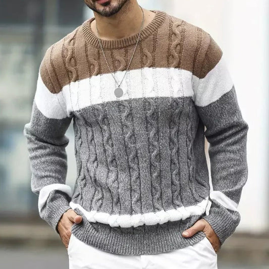 Men'S Retro Patchwork Jacquard Knitting Crew Neck Sweater artswardrobe