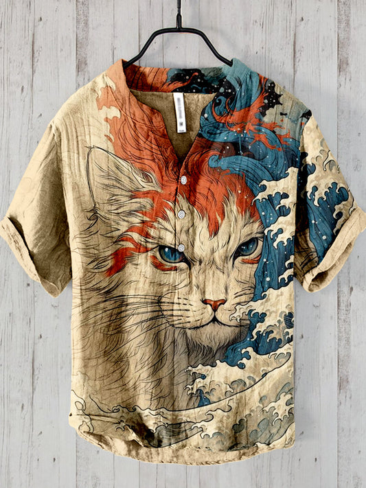 Japanese Great Wave Inspired Mysterious Cat Art Tunic elevenforest