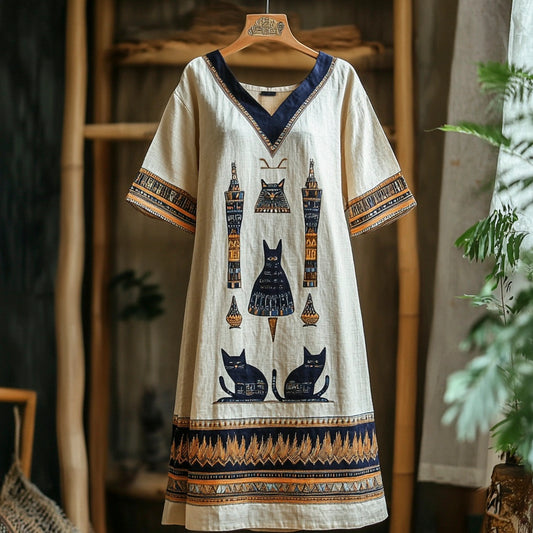 Egyptian Cat Vintage Totem Women's Linen Short Sleeve Maxi Dress