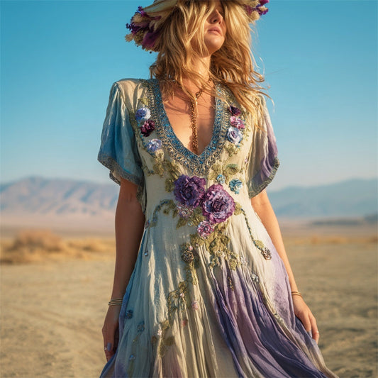 Bohemian Gradient Floral Women's Linen V-neck Maxi Flowy Dress artswardrobe