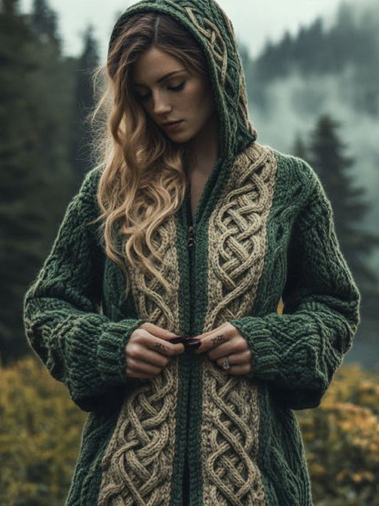 Women's Vintage Green Celtic Knot Knit Hoodie Cardigan artswardrobe