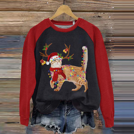 Vintage Reindeer Norwegian Forest Cat Santa Hat Christmas Light Pattern Print Ladies Sweatshirt elevenforest