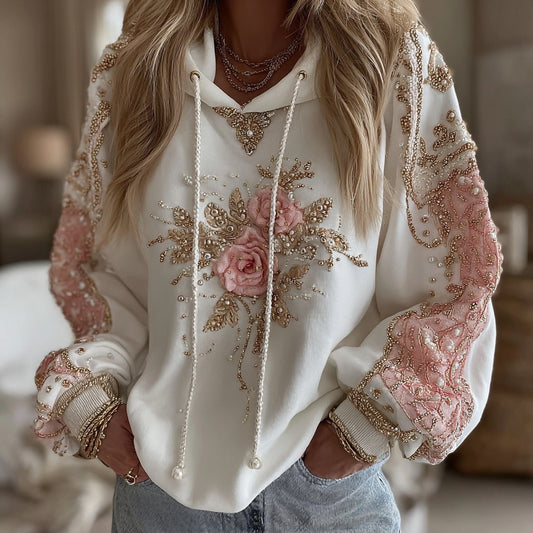 Comstylish Women's Pink Rose Embroidered Art Casual Hoodie