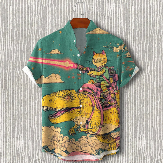 Men's Cat Dinosaur Fun Pattern Vacation Shirt elevenforest