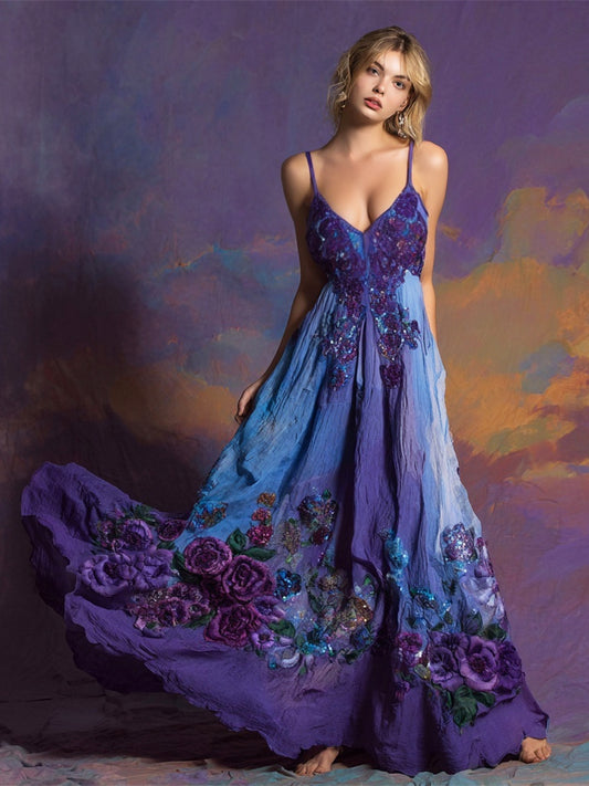 Vintage Boho Floral Embroidery Women's Spaghetti Strap Linen Maxi Dress artswardrobe