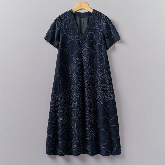 Comstylish Vintage Japanese Traditional Sashiko Art Pattern Painting V-Neck Dress