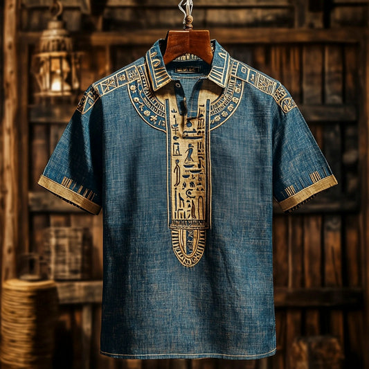 Vintage Egyptian Totem Print Men's Linen Short Sleeve Shirt artswardrobe