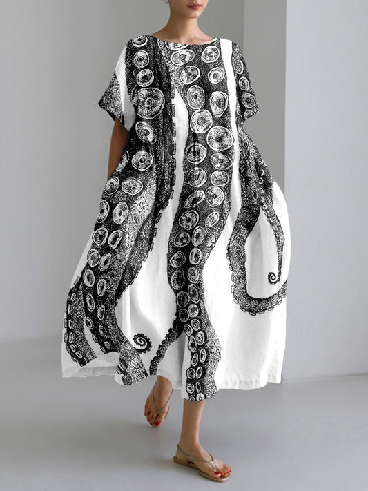 Comstylish Octopus Tentacles Art Linen Blend Cozy Maxi Dress