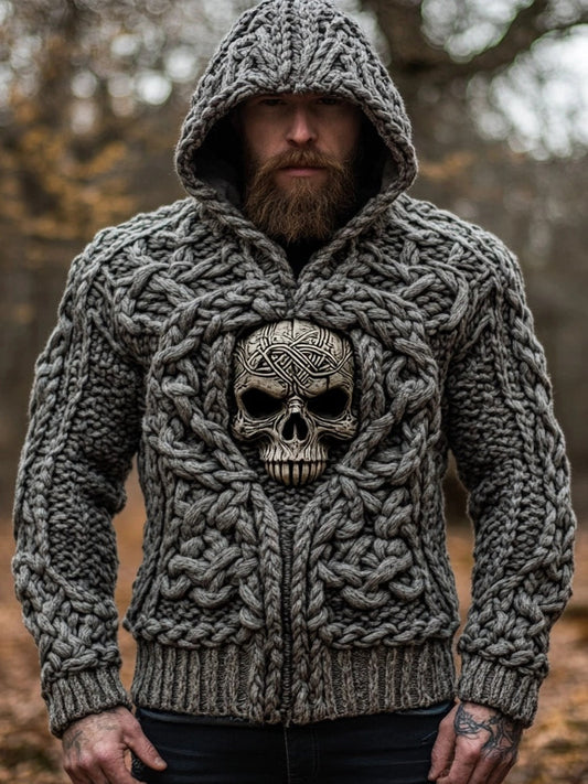 Men's Viking Skull Inspired Jacquard Cozy Hooded Sweater elevenforest