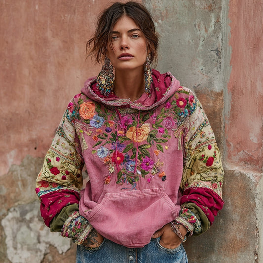 Comstylish Women's Vintage Bohemian Floral Embroidery Patchwork Art Casual Hoodie