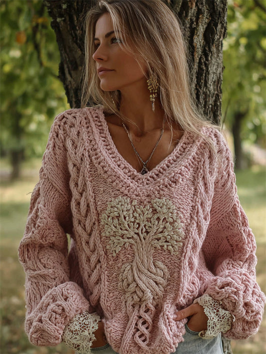 Vintage Pink Tree Of Life V Neck Cozy Cable Knit Sweater elevenforest