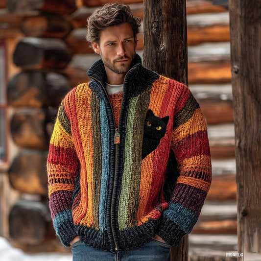 Men's Cute Black Cat Hiding In Stripes Color Block Jacquard Zipper Up Knitted Cardigan elevenforest