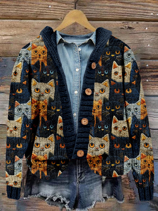 Cute Crowded Cats Embroidered Cozy Hooded Cardigan elevenforest