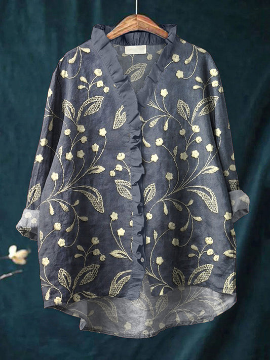 Comstylish Elegant Lace Floral Embroidered Linen Blend Shirt