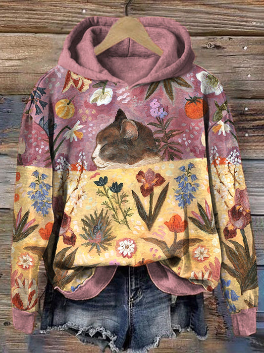 Cute Cat Flowers Oil Painting Art Print Vintage Hoodie elevenforest