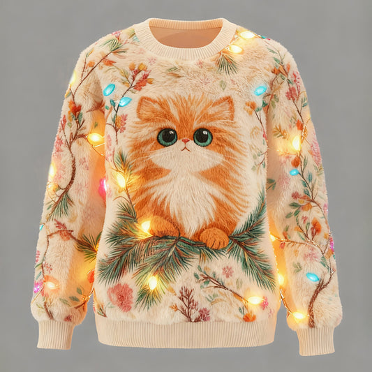 Comstylish Women's Fun Christmas Cat Colored Lights Crew Neck Plush Sweatshirt
