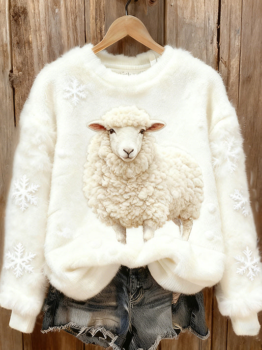 Comstylish Lost Little Sheep Flannel Warm Round Neck Sweatshirt