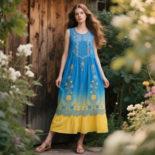 Retro Sunflower Irregular Gradient Cotton And Linen Sleeveless Dress artswardrobe