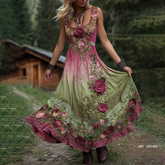 Classy Gradient Pink Roses Cancer Awareness Embroidered Linen Maxi Dress artswardrobe