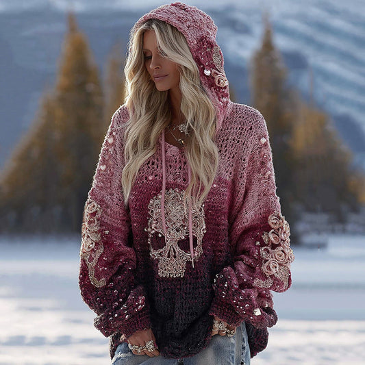 Women's Vintage Skull And Floral Gradient Art Knit Hooded Sweater elevenforest