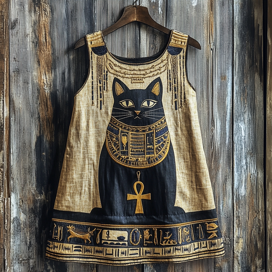 Comstylish Vintage Ancient Egyptian Bastet Black Cat Graphics Linen Tank Top
