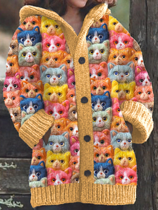 Colorful Cats Pattern Cozy Knit Hooded Cardigan elevenforest