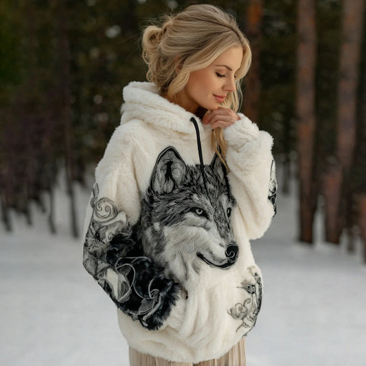 Comstylish Women's Viking Wolf Pattern Art Knit Cozy Flannel Hooded