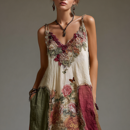 Comstylish Bohemian Style Plant Flower And Butterfly Pattern Embroidery Design V-neck Woman's Long Dress