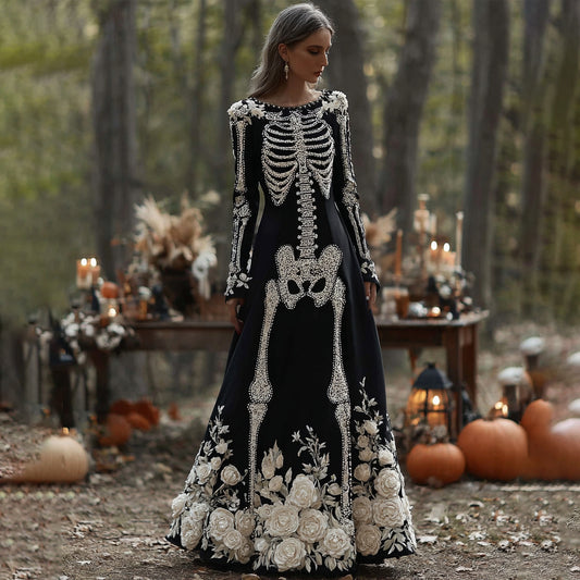 Comstylish Women's Halloween Skeleton Bones With Rose Velvet Maxi Dress