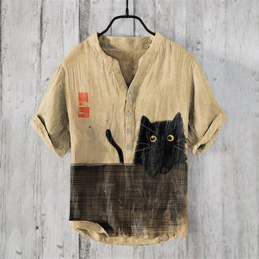 Abstract Creative Japanese Cute Black Cat Art Linen Blend Shirt elevenforest