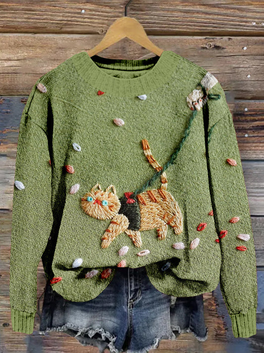 Cute Cat Embroidered Crew Neck Cozy Sweater elevenforest