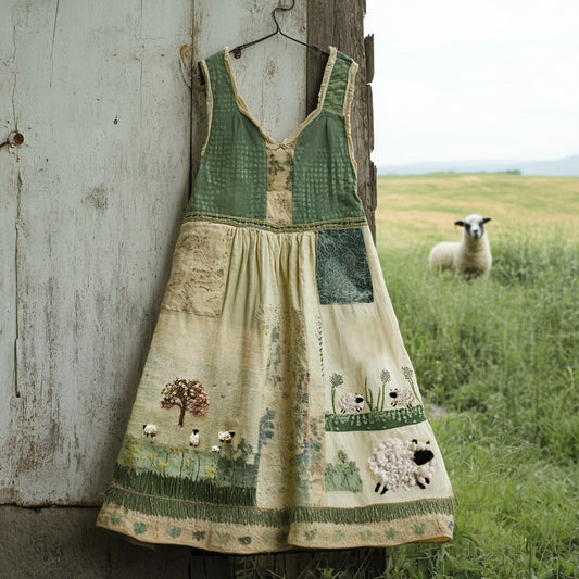 Women's Vintage Sheep And Grass Patchwork Design Mini Dress artswardrobe