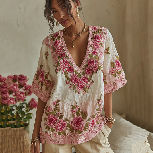 Women's Vintage Rose Floral Gradient Art V Neck Linen Comfy T-shirt artswardrobe